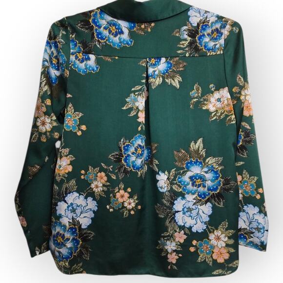 Belle + Sky Green Floral Blouse Women's Large Long Sleeve Button Front - Picture 3 of 7